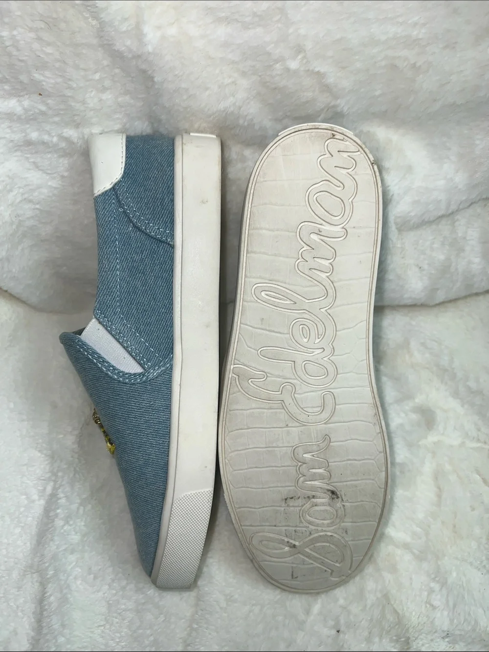 Sam Edelman Light Blue Denim Slip-On Flats with Pineapple and Citrus Embroidery